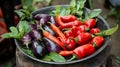 Vibrant harvest of fresh eggplants and peppers in rustic bowl Royalty Free Stock Photo