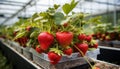 Vibrant and healthy organic strawberry plant thriving in a carefully nurtured greenhouse environment