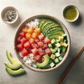 Fresh Poke Bowl with Tuna, Avocado, and Sesame Seeds, AI Generated