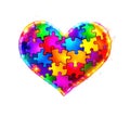 A vibrant heart is composed of interlocking, colorful puzzle pieces, creating a joyful and dynamic composition. Bright sparkles