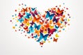 A vibrant heart made from a plethora of butterflies, set against a crisp white background