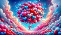Vibrant heart-shaped balloons soaring skyward, fluffy clouds, Valentine's Day celebration, love in the air, dreamy