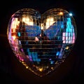 Shimmering Heart-Shaped Disco Ball Reflecting Lights. Ideal for Festive Decor and Celebrations. Fun and Lighthearted Royalty Free Stock Photo