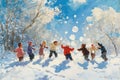 A vibrant, heartwarming painting capturing the pure delight of children playing together amidst a snowy landscape, A group of Royalty Free Stock Photo