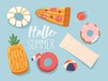 Vibrant Hello Summer Banner Showcasing Colorful Air Mattresses And Rings in Shape of Donut, Pineapple and Flamingo