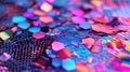Vibrant Hexagonal Abstract Background with Metallic Mesh and Neon Colors