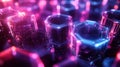 Vibrant hexagonal crystals glowing in purple and blue light, creating an abstract, colorful effect reminiscent of modern
