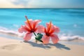 Vibrant Hibiscus Blooms On Sandy Beach, Maui Paradise