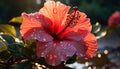 A vibrant hibiscus blossom, wet with raindrop, showcases nature beauty generated by AI