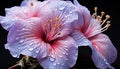 Vibrant hibiscus blossom, wet with raindrop, showcases nature elegance generated by AI
