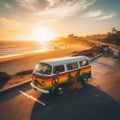 Hippie camper van travels the coastal road