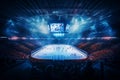 Vibrant Hockey Arena: Packed Stands, Empty Ice Rink. AI Royalty Free Stock Photo