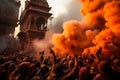 Vibrant holi celebration in india with large crowd joyfully covered in an array of colorful paints