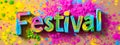Vibrant Holi Festival Colors Explosion with Greetings. Royalty Free Stock Photo
