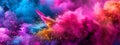 Vibrant Holi Festival Colors Explosion with Greetings. Royalty Free Stock Photo