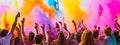 Vibrant Holi Festival Colors Explosion with Greetings. Royalty Free Stock Photo