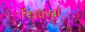 Vibrant Holi Festival Colors Explosion with Greetings. Royalty Free Stock Photo