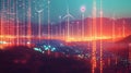 A vibrant holographic diagram showcasing interconnected solar arrays and towering wind turbines with energy flows