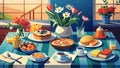 Vibrant Home Breakfast Spread with Fresh Flowers and Morning Sunlight