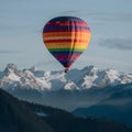 Vibrant hot air balloons soar above majestic mountain peaks