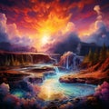 Vibrant hot spring with erupting geysers in a surreal art style