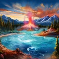 Vibrant hot spring with erupting geysers in a surreal art style