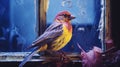 Vibrant House Finch: A Captivating Installation Of Yellow And Violet