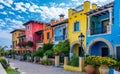 Colorful houses on the coast of Cotidian, in the style of Italian landscapes Royalty Free Stock Photo