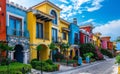 Colorful houses on the coast of Cotidian, in the style of Italian landscapes Royalty Free Stock Photo