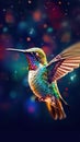 Vibrant Hummingbird in Glitch Art Style on Dark Background.