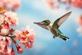 A vibrant hummingbird gracefully soars above a tree adorned with beautiful pink flowers in bloom, A hummingbird hovering near a