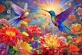 Vibrant hummingbirds amidst blooming flowers - Generative AI