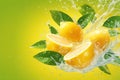 Vibrant hydration Water splashing on zesty lemons and tea leaf
