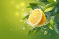 Vibrant hydration Water splashing on zesty lemons and tea leaf