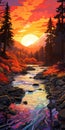 Hyper Detailed Sunset Painting Of River With Birch Trees - Uhd Image