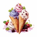 Vibrant Hyper-realistic Ice Cream Cone Illustration With Berries And Cream