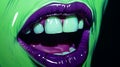 Vibrant Hyper-realistic Pop-art Fusion: Green Character\'s Purple Teeth