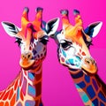 Vibrant Hyper-realistic Pop-art Fusion: Two Giraffes In Bold Portraits