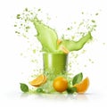 Vibrant Hyperrealistic Green Juice Splash With Oranges And Bananas