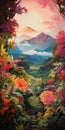 Vibrant Hyperrealistic Illustration: Valley Of Flowers And Majestic Mountains