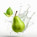 Vibrant Hyperrealistic Pear With Water Splash And Green Leaf Royalty Free Stock Photo