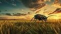 Vibrant Hyperrealistic Robot Bug In Grassy Field At Sunset