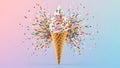 Vibrant Ice Cream Cone with Exploding Colorful Sprinkles Royalty Free Stock Photo