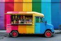 A vibrant ice cream truck with a variety of flavors and colors parked in front of a commercial building, A food truck that sells