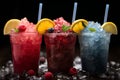 Vibrant icy fruit slush, chilled in cups Colorful refreshment, frozen delight
