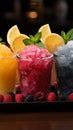 Vibrant icy fruit slush, chilled in cups Colorful refreshment, frozen delight