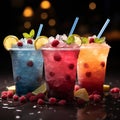 Vibrant icy fruit slush, chilled in cups Colorful refreshment, frozen delight