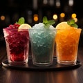 Vibrant icy fruit slush, chilled in cups Colorful refreshment, frozen delight