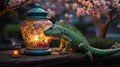 Green Iguana Reptile Posing near Illuminated Lantern and Cherry Blossoms at Night Royalty Free Stock Photo