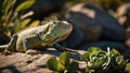 Majestic Green Iguana Posing on a Rock in Natural Habitat with Foliage Nearby Royalty Free Stock Photo
